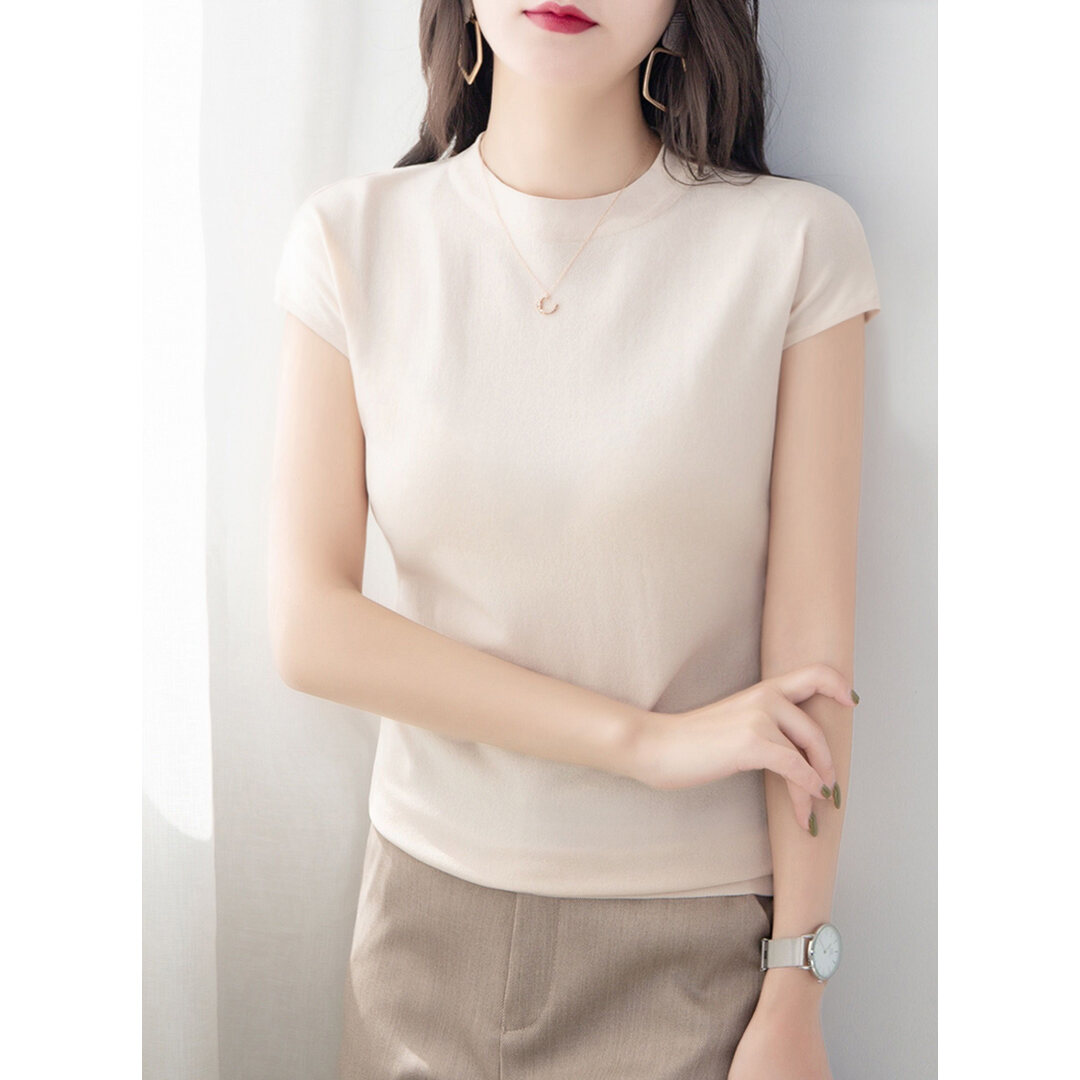 Ice Silk Short-Sleeved T-shirt for Women Summer 2021 New Loose Half High round Neck Sleeveless Sweater Solid Color Top Thin
