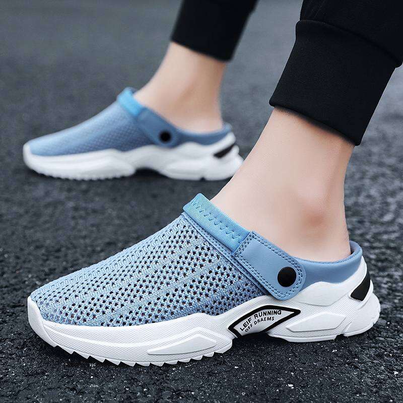 Half Slippers Men's Summer Slippers Lazy Heel-Free Slip-on Mesh Sandals Closed Toe Sandals Trendy Semi Slippers