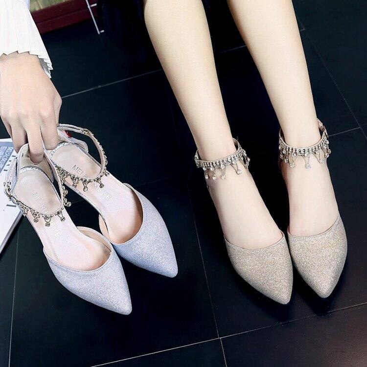 2022 Spring and Summer New Rhinestone Student Silver Low Heel 4cm Bridesmaid Shoes High Heels Single-Layer Shoes Sandals for Women