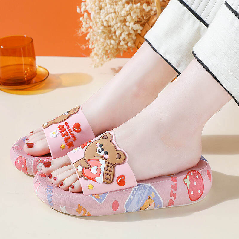 High Heel Slippers for Women Summer Home Korean Style Student Cartoon Cute Bear Bathroom Slippers Non-slip Soft Bottom Outer Wear
