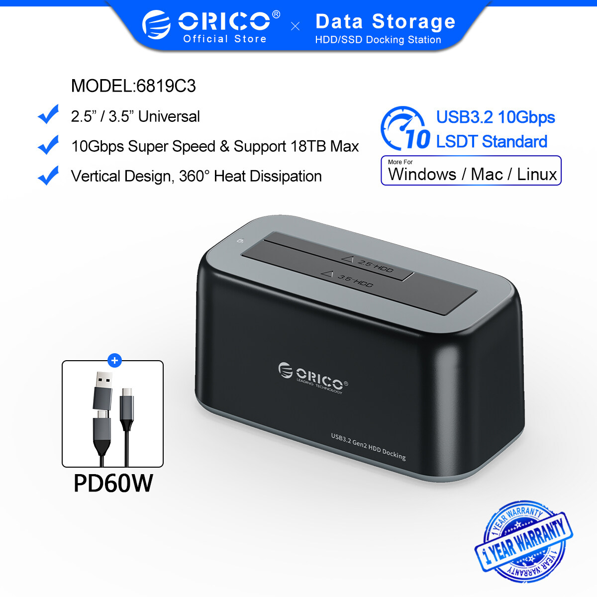 ORICO 2.5/3.5 inch USB 3.0 to SATA HDD Docking Station For HDD/SSD Support UASP and 16TB HDD Enclosure(6218US3)