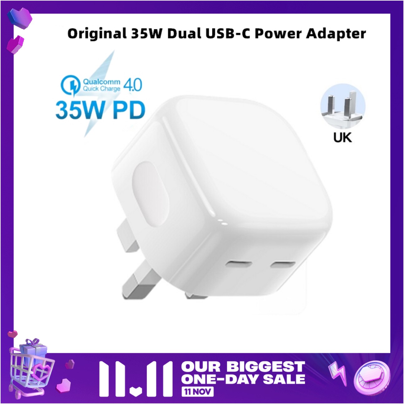 Original 35W USB-C Power Adapter For iPhone 13 12 11 Pro Max XS XR XS Max iPad Pro Dual Type C Port PD Fast Charging UK Plug Wall Charger For Macbook Samsun Huawei Xiaomi