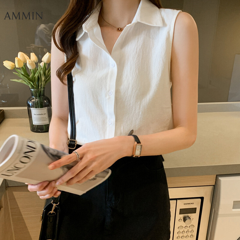 AMMIN Tops 2021 foreign style summer new lapel solid color button cardigan chiffon shirt women's sleeveless elegant single-breasted blouse