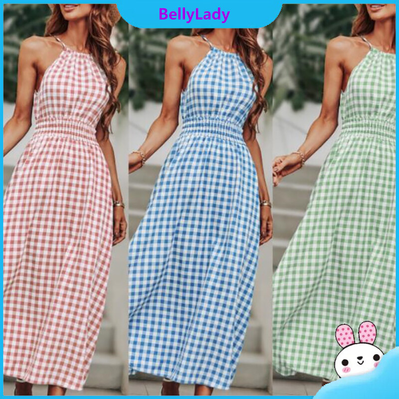 Women Summer Dress Sleeveless Waist-in Suspender Long Skirt Stylish Plaid Printing Dress