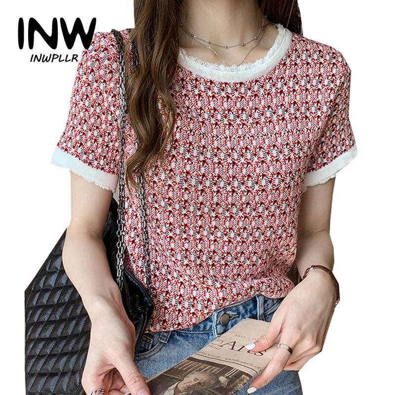 INWPLLR Women T-shirt Korean Chic Knitted T-shirt Women Tops Tees Casual O-neck Short Sleeve Retro Pattern T shirt Female Tee Shirt