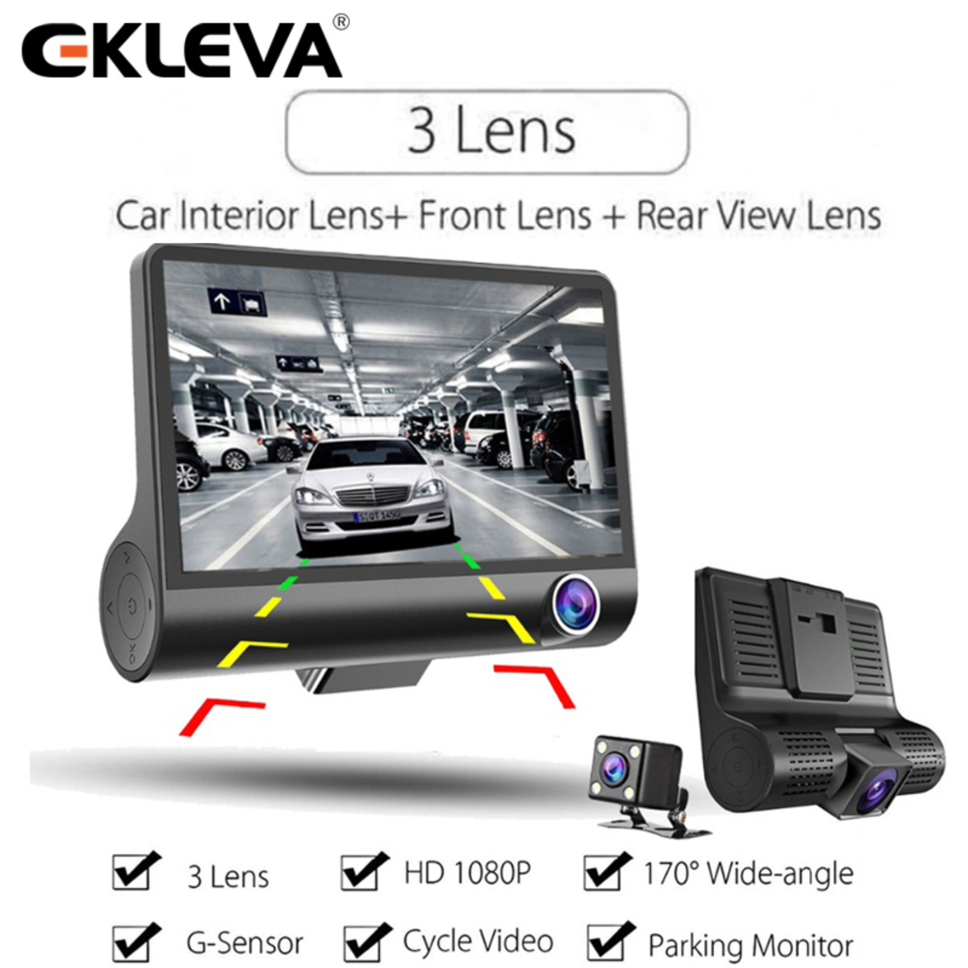 EKLEVA Car DVR 3 Cameras Lens 4.0 Inch HD Dash camera 3 way car Dual Lens With Rear View Camera Video Recorder Auto Dash Cam