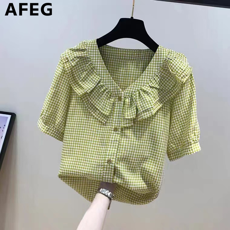 AFEG new Korean version V-neck ruffled fashion loose all-match plaid chiffon short-sleeved blouse for women