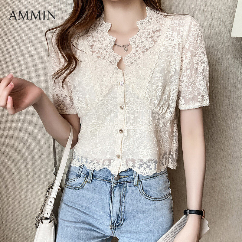AMMIN 2021 new all-match lace V-neck long-sleeved shirt For Women fashion loose and thin lace Top Lady casual office Blouse