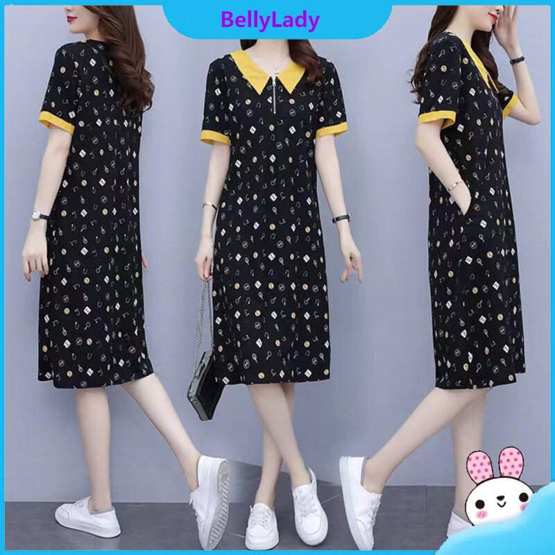 Women Plus Size Dress Doll Collar Short Sleeves Mid Skirt Trendy Printing A-line Skirt