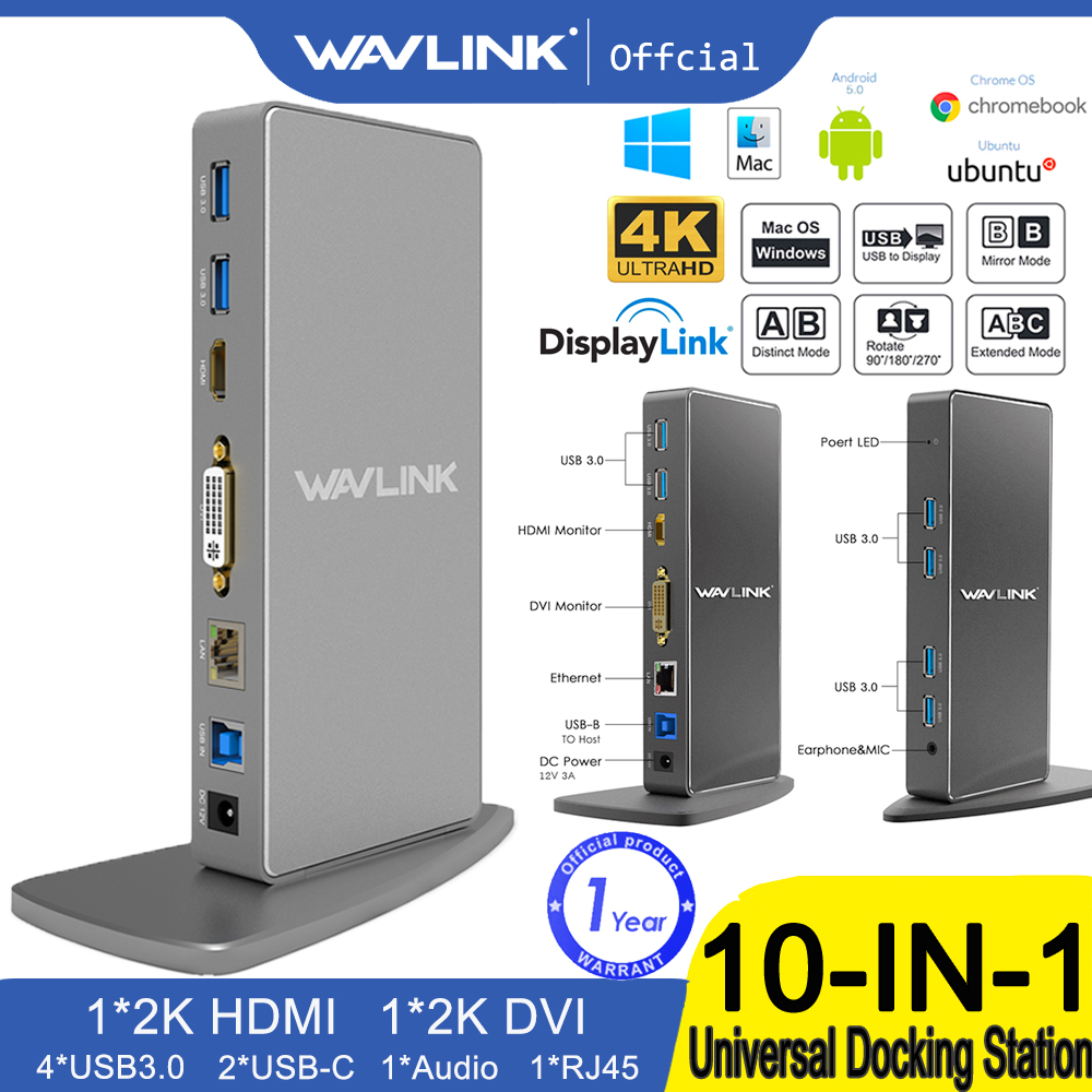 Wavlink USB3.0 Aluminum Universal Laptop Docking Station With Dual Video HDMI and DVI, Gigabit Ethernet, 6USB Ports, Audio, Mic.