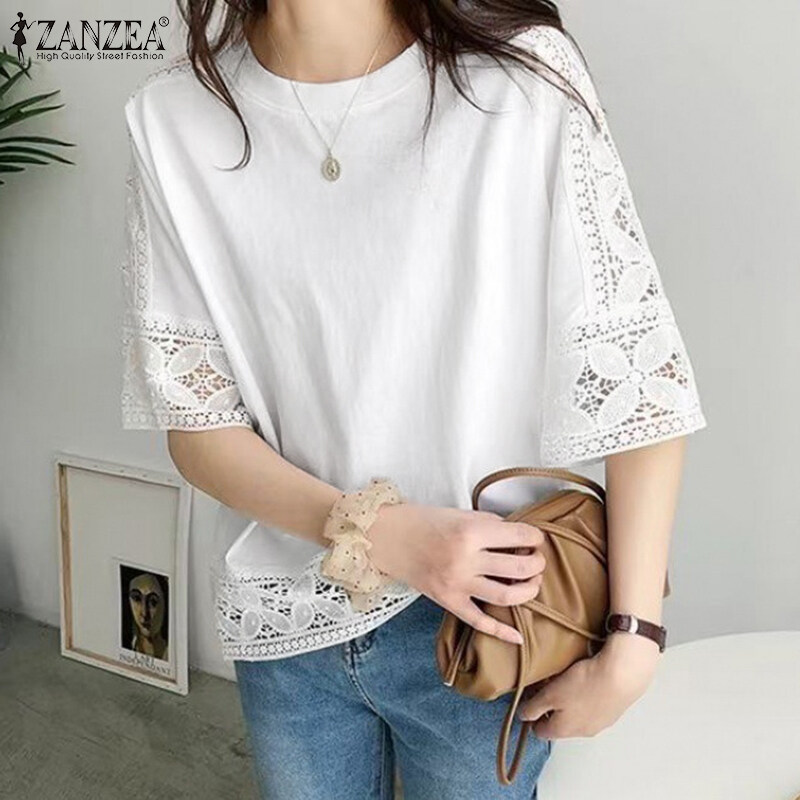 ZANZEA Korean Style Women Lace Half Sleeve T Shirts Casual Plain Loose O Neck Tops Blouse