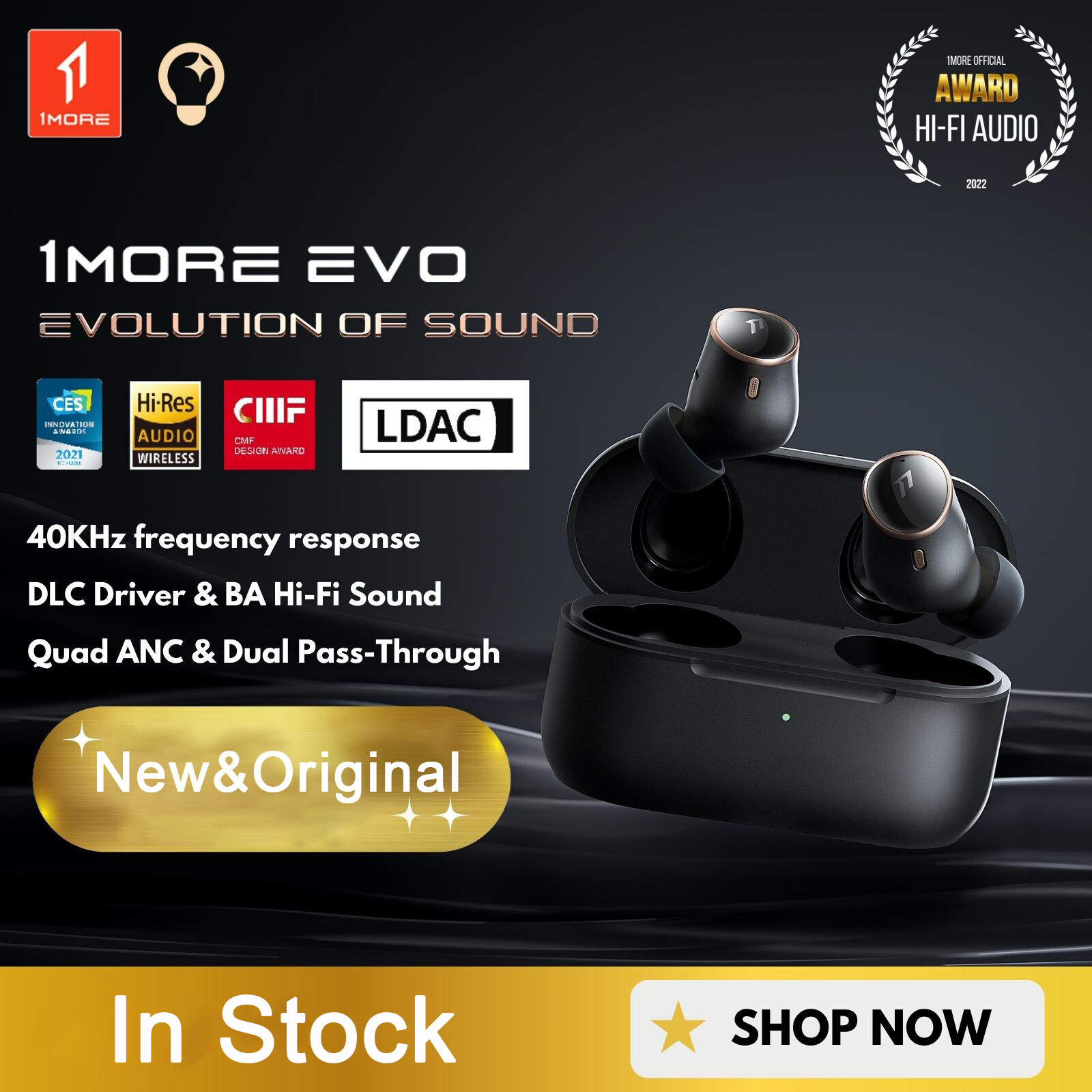 Original 1MORE EVO EH902 Hi-Res Wireless Earbuds Audiophile LDAC Bluetooth 5.2 Headphones 42dB ANC Tws Connect 2 Device Earphone World Premiere