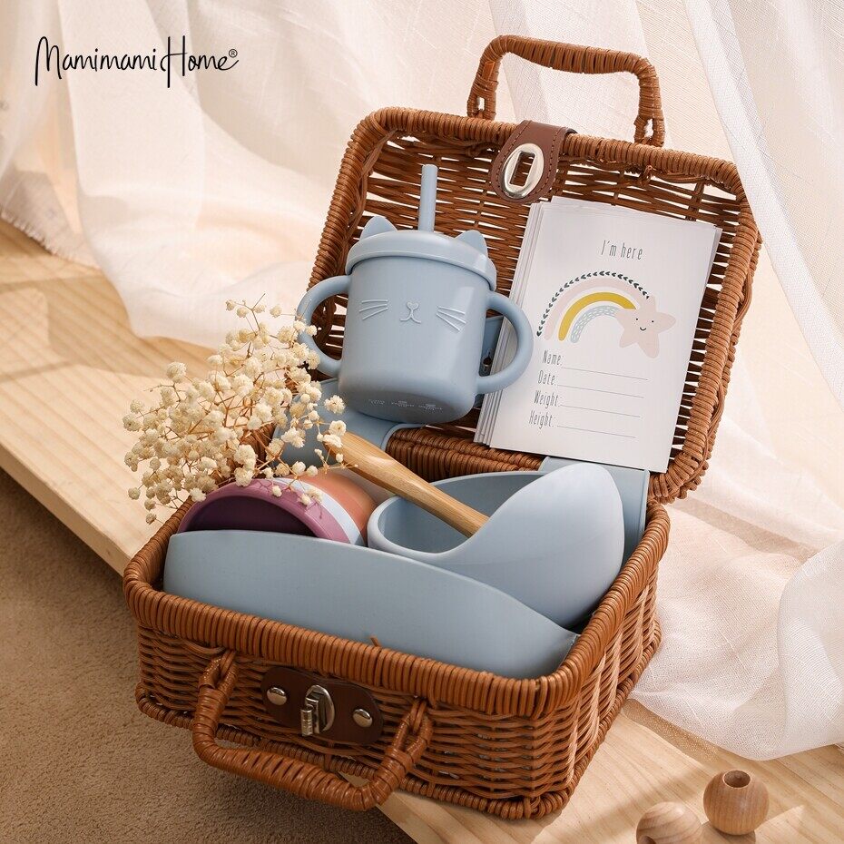 Mamimami Home Baby Meal Feeding Set 100% Silicone Bowl,Sippy Cup,Bib Natural Rattle Toy Toddler Gift with Rattan Box