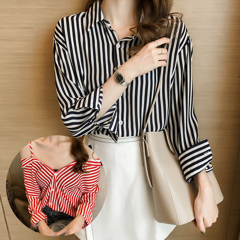 Vanessawang Korean Women Plus Size Blouse Stripe Loose Slim Casual V Collar Buttons Shirt