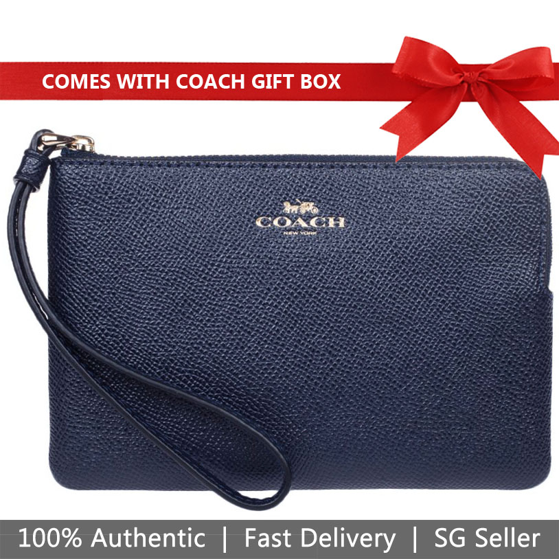 Coach Wristlet In Gift Box Small Wristlet In Gift Box Corner Zip Wristlet In Crossgrain Leather Midnight Navy Dark Blue / Gold # F58032