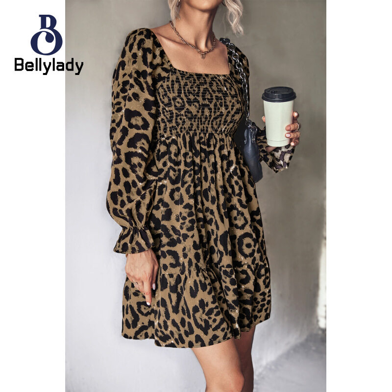 BellyLady Women Leopard Printing Dress Long Sleeves Square Collar A-line Skirt High Waist Ruffled Short Skirt (No Belt)