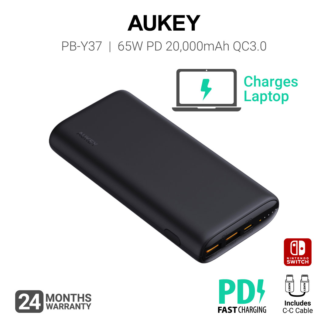 Aukey PB-Y37 20000mAh 65W PD Powerbank USB-C & USB-A, Fast Charge Portable charger for iPhone 12 11 Android Macbook Nintendo Switch (24 Months Warranty)