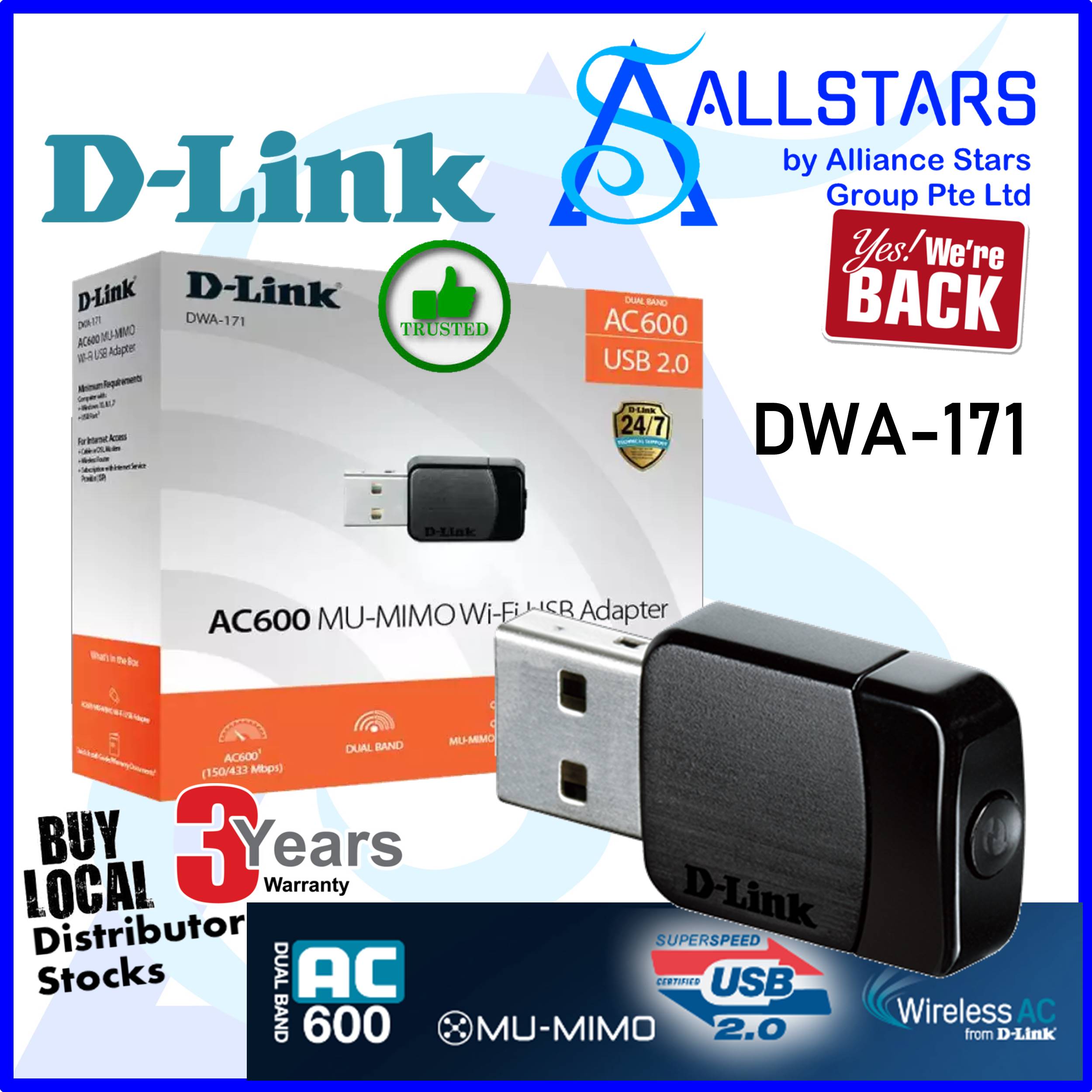 (ALLSTARS : We are Back / WiFi Promo) DLink / D-Link DWA-171 / DWA171 Wireless-AC600 MU-MIMO Wi-Fi USB Adapter / USB2.0 / Dual Band (Local Warranty 3years with DLink SG)
