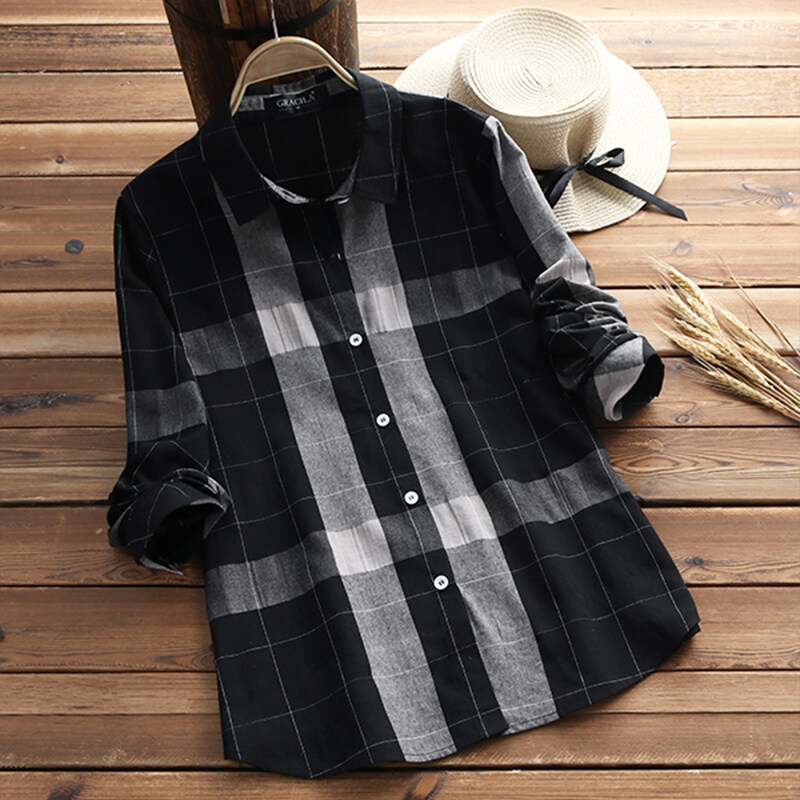 Fancystyle Gracila Women Check Plaid Long Sleeve Casual Loose Tops Shirt Blouse Plus Size