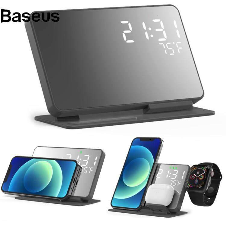 Wireless Charger 4-in-1 LED Digital Temperature Display Alarm Clock 15W Wireless Charger Qi Fast Charging Stand for iPhone Android iWatch AirPods