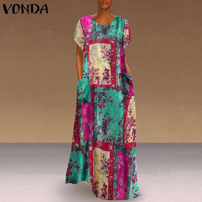 VONDA Womens Short Sleeve Printed Beach Holiday Casual Dresses Kaftan Loose Long Dress