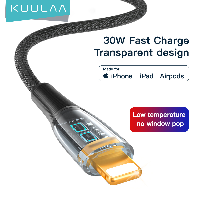 KUULAA 30W USB C to Lightning Cable for iPhone 14 13 pro max PD Charger 30W Max for iPhone 12 pro max 11 8 7 Fast Charger Data Cord for Macbook iPad USB-C iPhone Cord Apple Cable Transparent Data Cabl