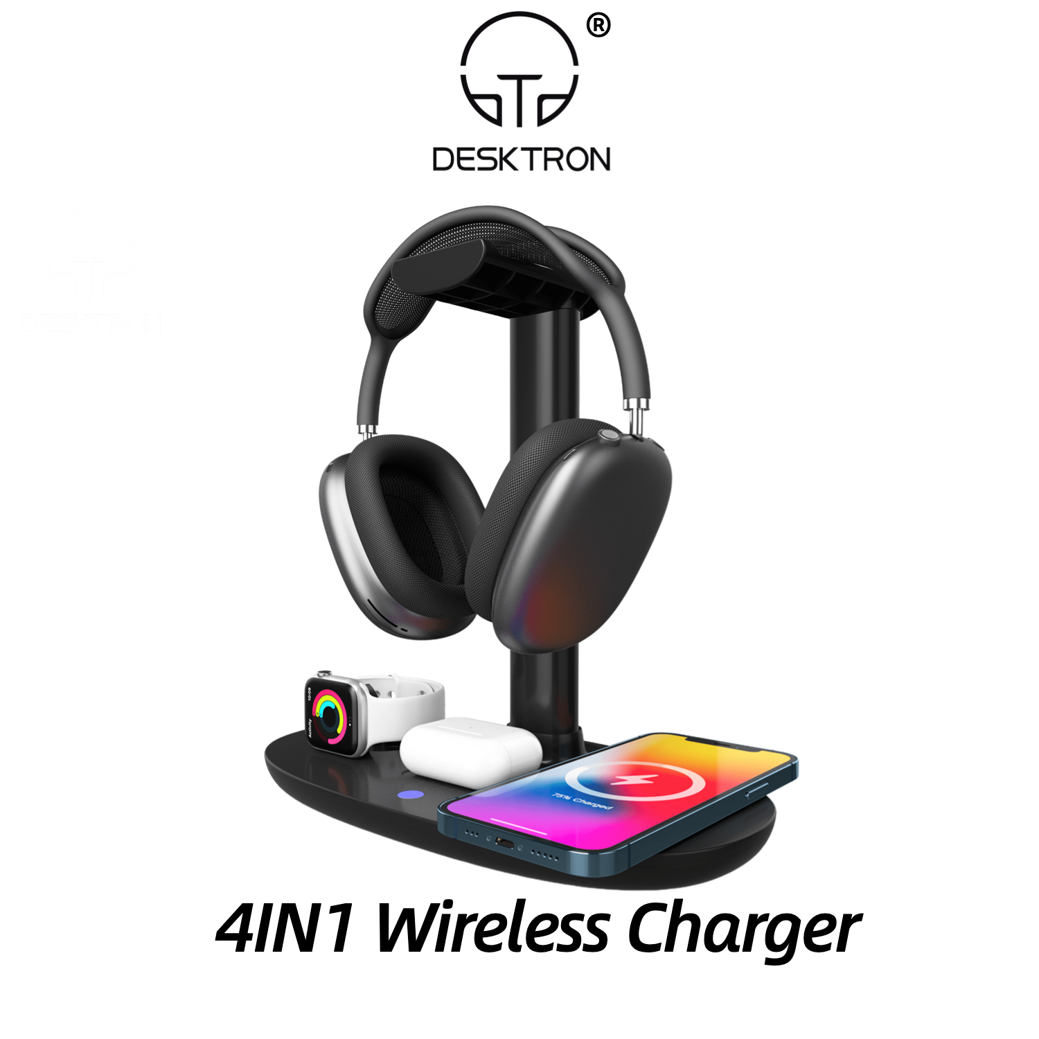 DESKTRON 4 IN 1 Wireless Charger. 15W Qi Fast Charging Station. Headphone Display Rack Compatible for iPhone 14,  AirPods iWatch