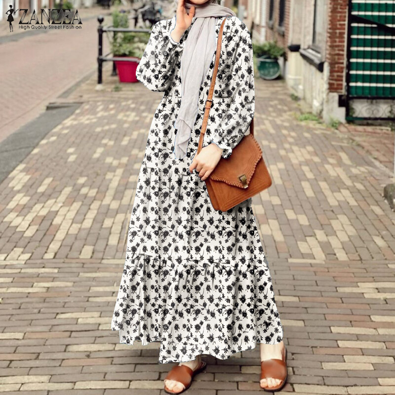 ZANZEA Women Muslim Casual Holiday Party Puff Sleeve Floral Printed Maxi Shirt Dress