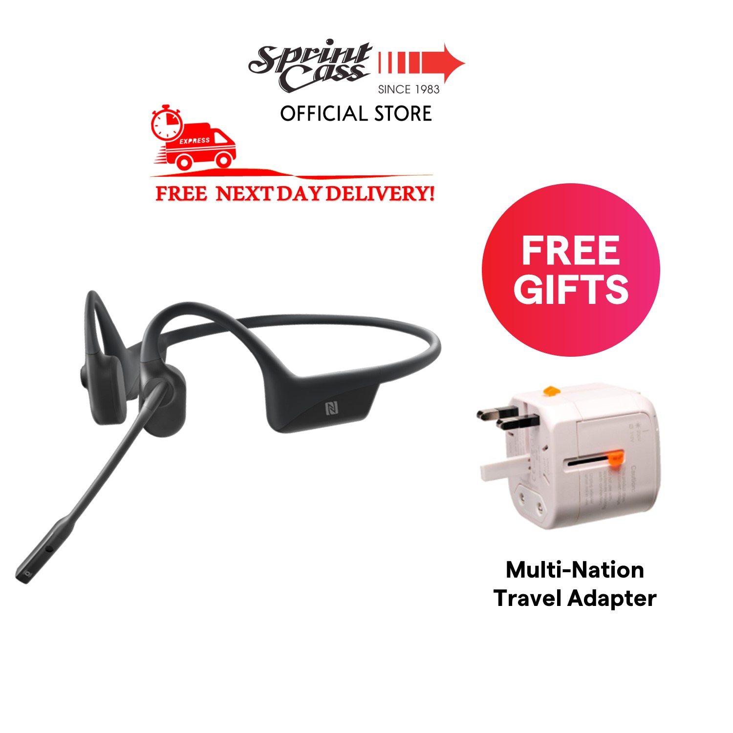 (NEXT DAY DELIVERY) Shokz OpenComm Wireless Stereo Bone Conduction Bluetooth Headset with Noise-Canceling Boom Microphone for Office Home Business Trucker Drivers Commercial Use