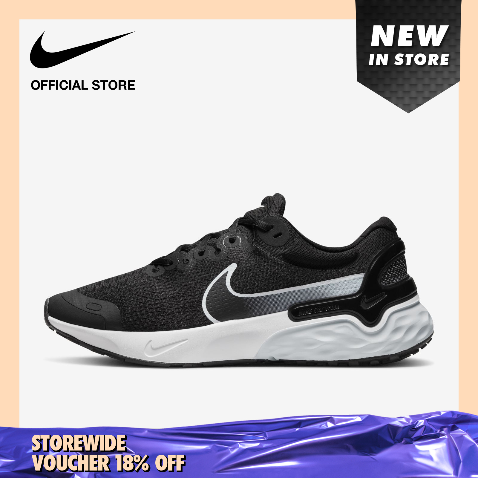 Nike Men's Renew Run 3 Road Running Shoes - Black