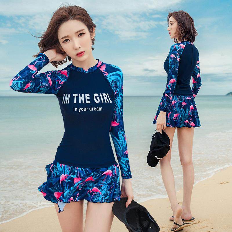 2Pcs/set Women Fashion Skirt Swimsuits Women Swimwear Long Sleeves Plus Size Zip Swimming Culottes Suit for Women