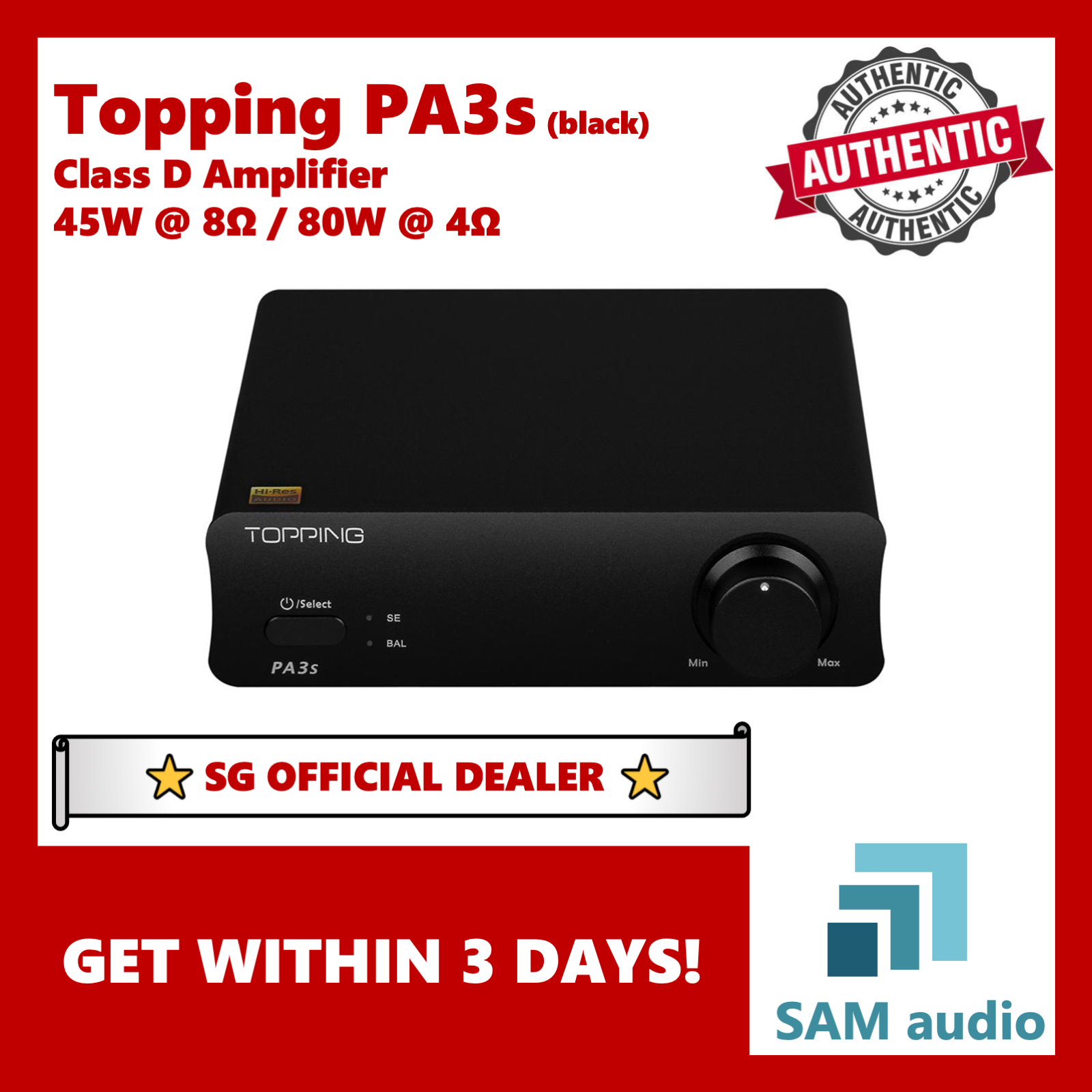 [?SG] TOPPING PA3s, HiFi Digital Amplifier, Class D, 45W 8 ohm, Hifi Audio