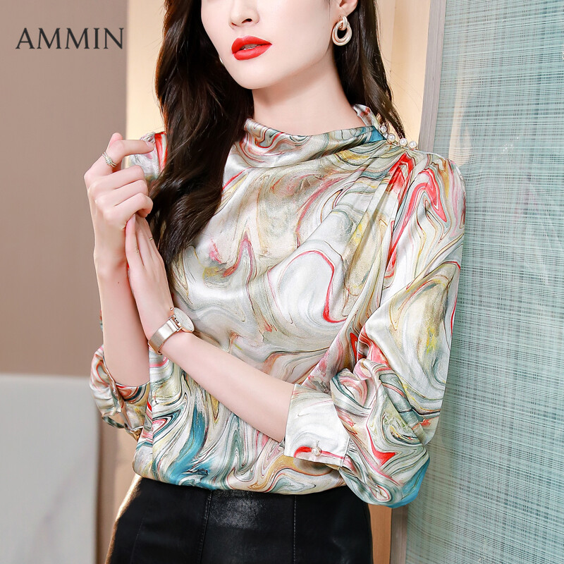 AMMIN 2021 New Silk Printed Shirt For Women Long Sleeve Mulberry Silk Fashion Floral Top Lady Loose Casual Blouse