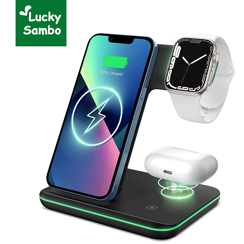 LuckySambo iPhone Wireless Charger, 3 in 1 Qi-Certified 15W Fast Charging Station Compatible with Apple Watch 8 7 SE 6 5 4 3 2, iPhone 14 /13 /12 /11/XS, AirPods Pro 3 2 1