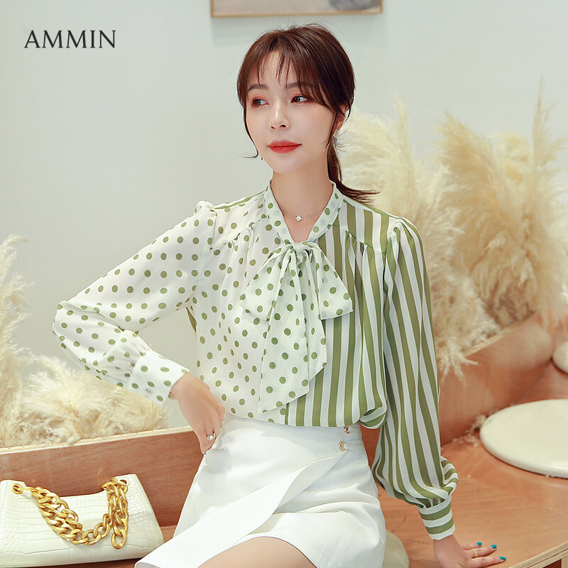 AMMIN Tops 2021 autumn new long-sleeved elegant temperament commuter chiffon shirt women's personality V-neck bow ribbon design polka dot and stripe print stitching puff sleeve blouse