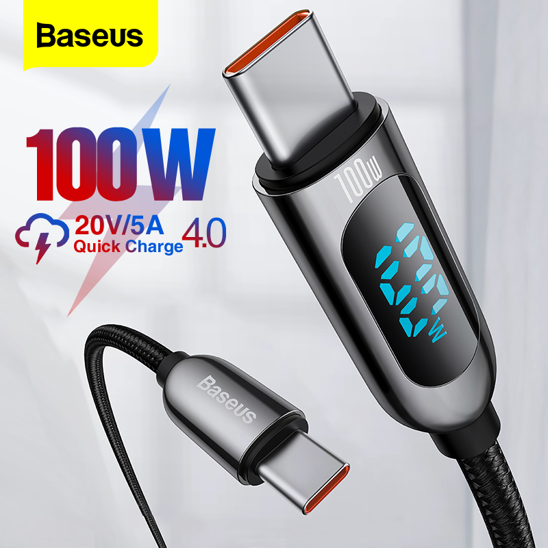 Baseus 1m / 2m 100W Smart Display USB C to USB C Type C Fast Charging Cable For Macbook Pro PD QC Quick Charge For Samsung For Xiaomi Huawei mate 40