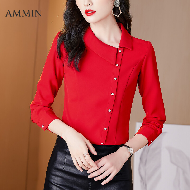 AMMIN Korean New Style Long Sleeve Top For Women Red Chiffon Chiffon Shirt Lady Casual Commuter Blouse