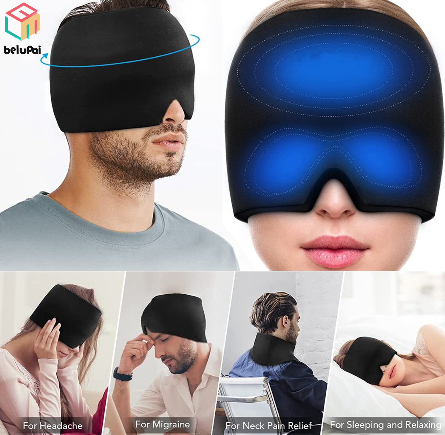 [pantorastar] Form Fitting Gel Ice Headache Migraine Relief Hat Cold Therapy Migraine Relief Cap Comfortable Stretchable Ice Pack Eye Mask for Puffy Eyes Tension Sinus and Stress Relief