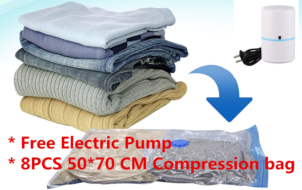 [SG local Delivery ] Free Electric Pump + 8PCS  Compression Storage Vacuum Bags 50x70CM Compression Storage Bag Wardrobe Organizers Plastic Bag (Transparent)
