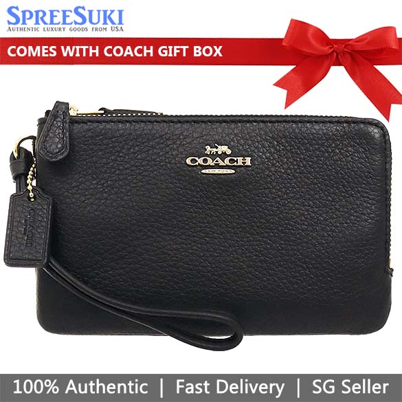 Coach Wristlet In Gift Box Small Wristlet Leather Double Corner Zip Black # 6649